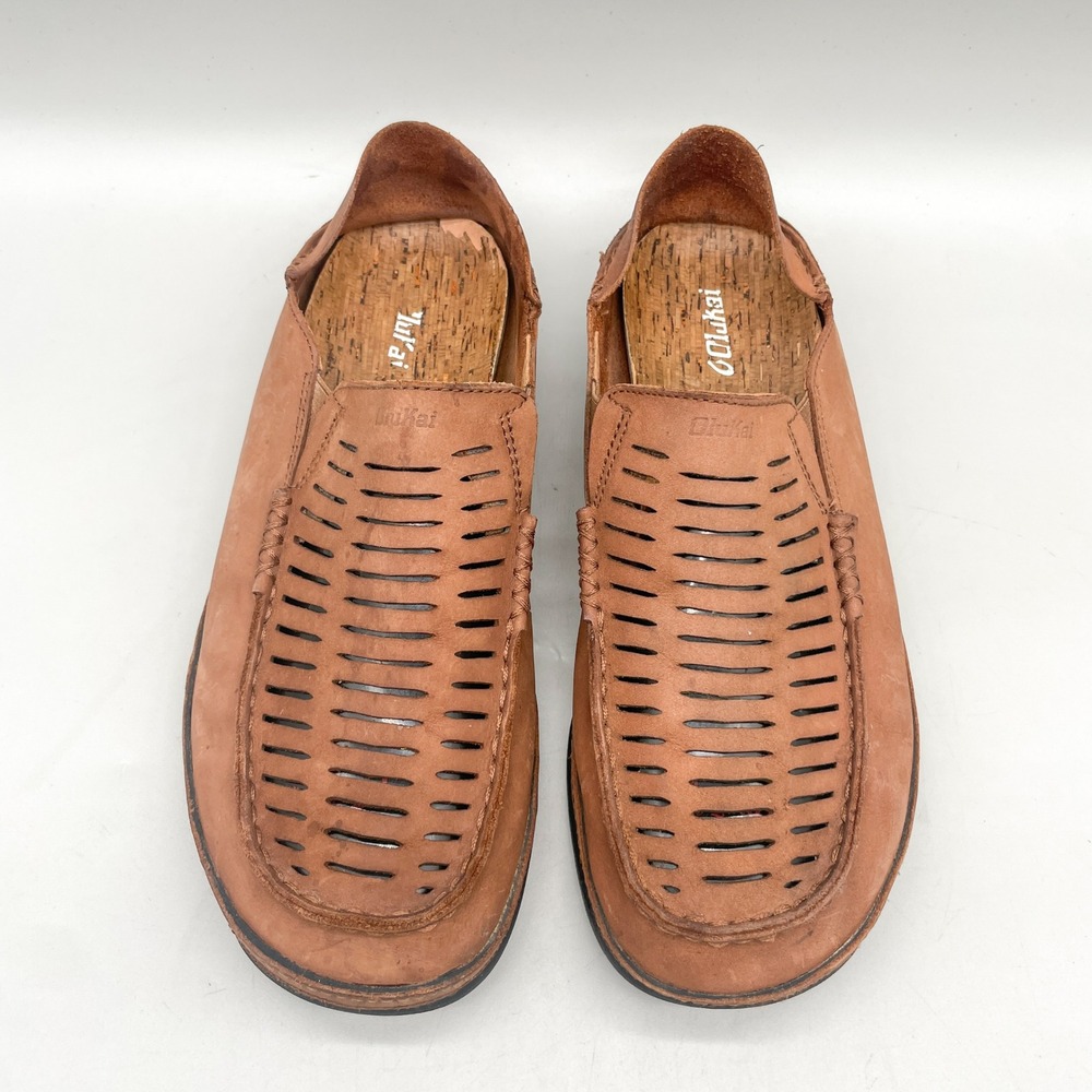 OluKai Mens 11 Moloa Kohana II Perforated Slip On Loafers Tan Leather Coastal